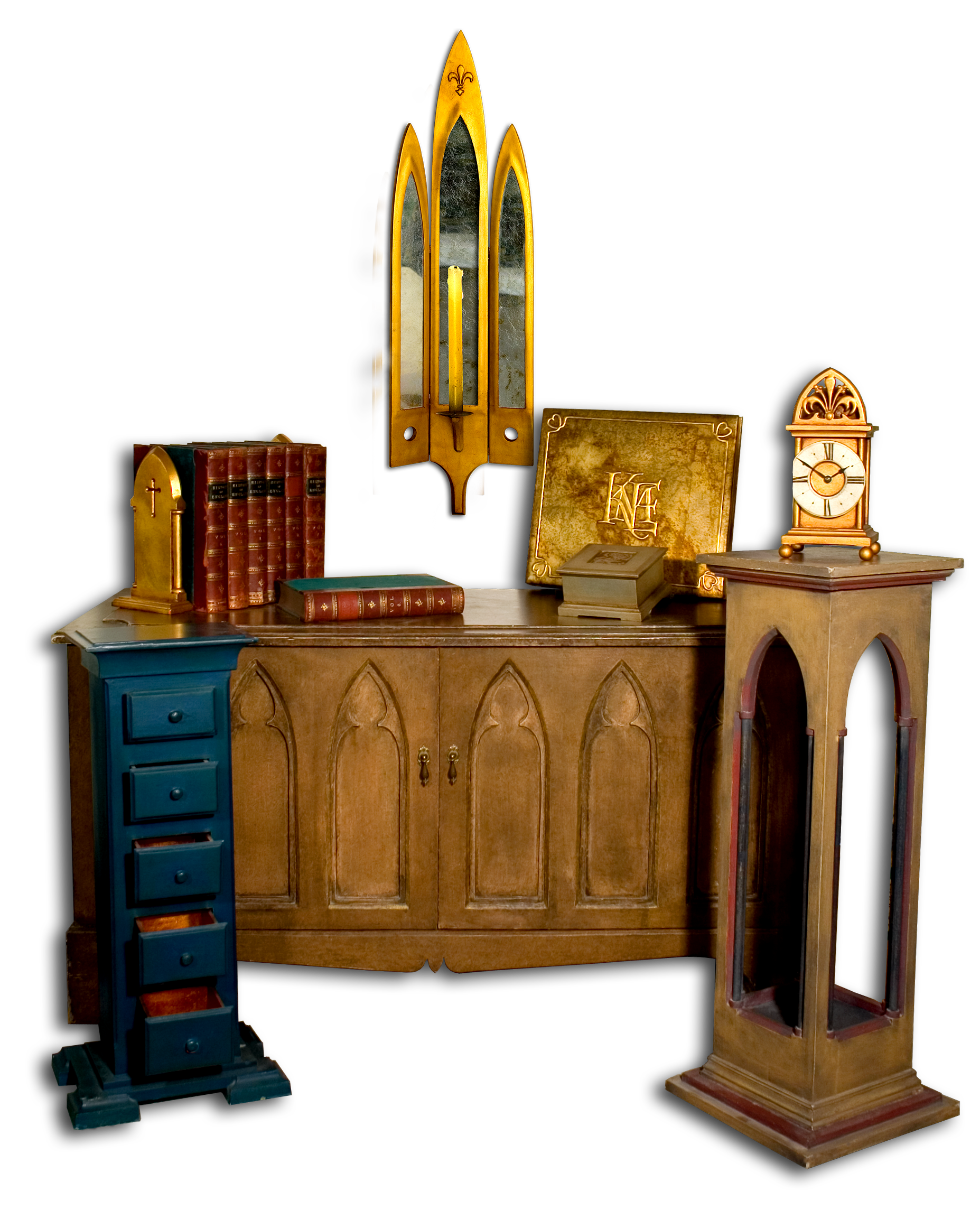 decorative accessories grouping, showing collection of clocks, mirrors, and vases in various shapes, colors, and styles.