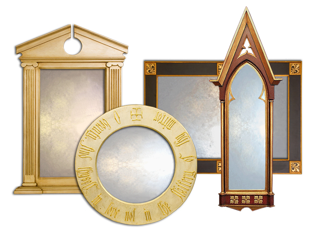 decorative mirrors category page, showing collage of different decorative mirrors with black frames and various designs.