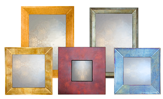 large overmantle category shot, showing collage of different large overmantle mirrors with black frames and various designs.