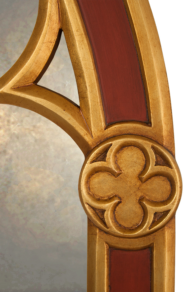arched-gothic-pugin-mirror-gilded-detail-copy gilded gold frame and the arched gothic pugin shape on the mirror.