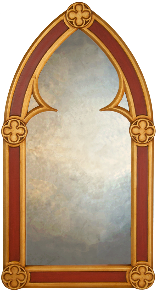 arched-gothic-pugin-mirror-gilded-front-copy gilded gold frame and the arched gothic pugin shape on the mirror.