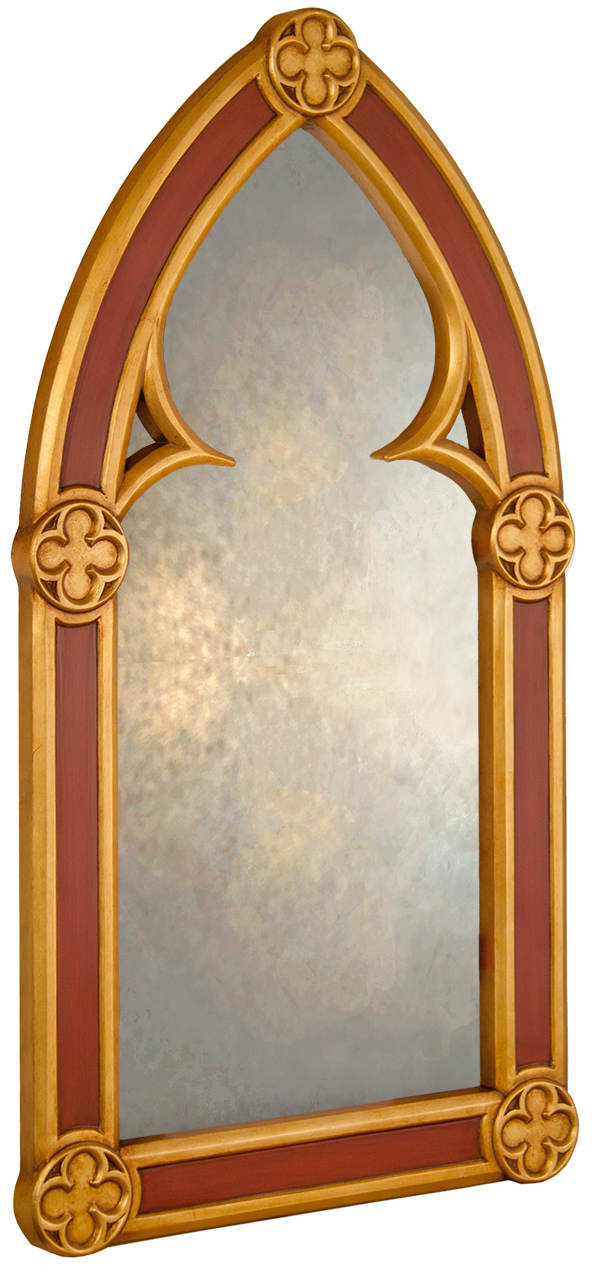 arched-gothic-pugin-mirror-gilded-side-copy gilded gold frame and the arched gothic pugin shape on the mirror.