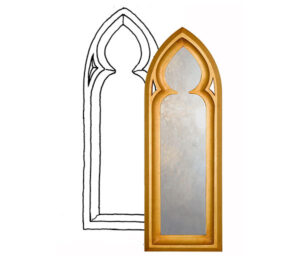 An arched mirror design, with black frame and curved top.