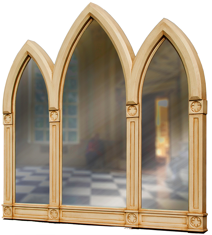 arched-triptych-overmantle-mirror-s-copy mirror with gilded gold frame and an arched triptych overmantle shape.