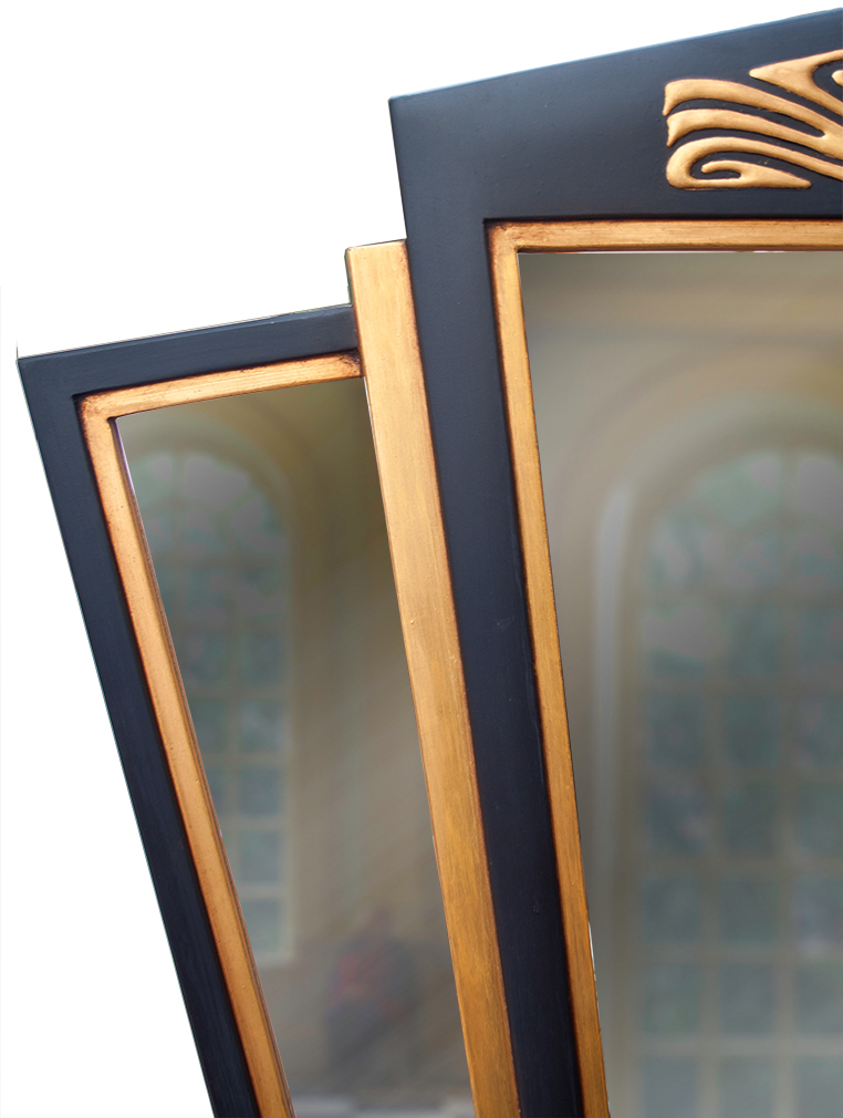 art-deco-mirror-gold-triptych-td-copy mirror with gilded gold finish and an art deco gold triptych shape.