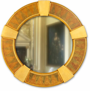 Art Deco Large Round Decorative Mirror in distressed gold.