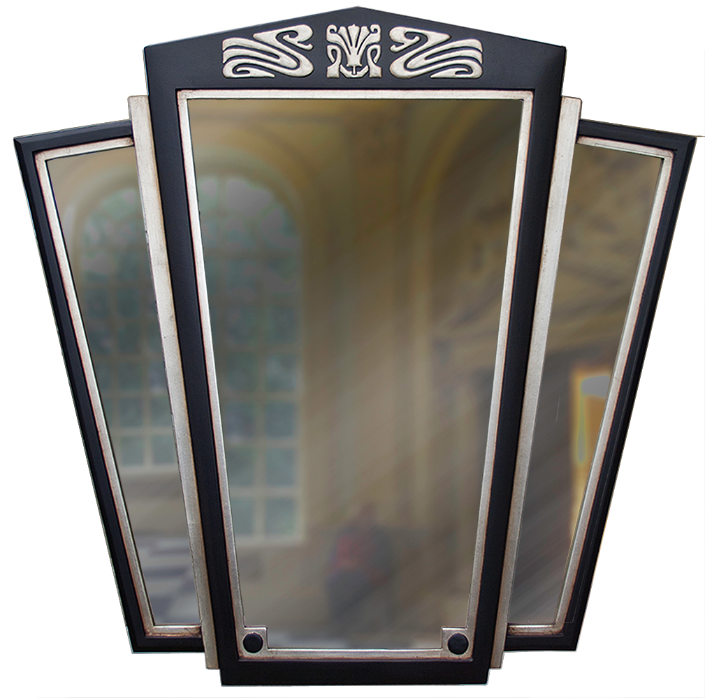 art-deco-silver-mirror-triptych--f-copy mirror with gilded silver finish and an art deco triptych shape.