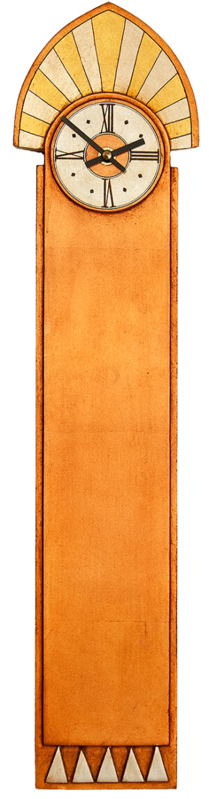 Art Deco Wall Clock with Sun Burst crest in copper and gold.