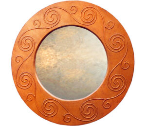 celtic round mirror, with black frame and celtic round design.
