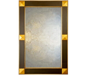 Black overmantle mirror with classical stud corners in gold.