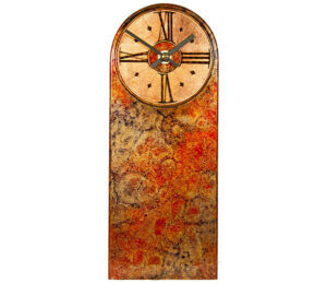 Gold & red mantel clock with blue marbling & round dial.