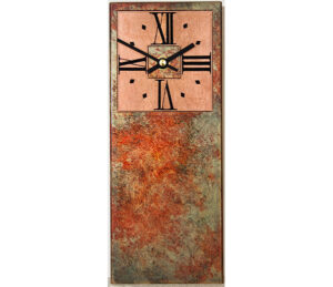 Red mantel clock with blue marbling & square dial.