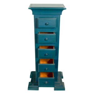 cabinet with wood body and open drawers that show the contents