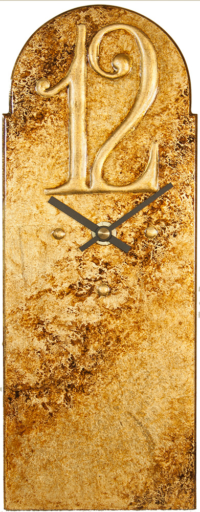 gold-mantle-clock-marbled-brown-l12-f-copy Clock with gilded gold finish and gold mantel shape.