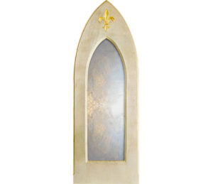 gothic arch mirror, with black frame and gothic arch design.