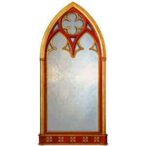 Gothic church window decorative mirror in red and gold.