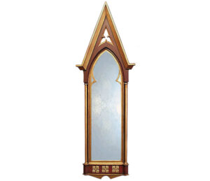 gothic dress mirror, with black frame and gothic dress design.