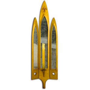 A stunning triple Gothic arch shaped candle wall sconce in gold & with verre eglomise mirrored reflector.