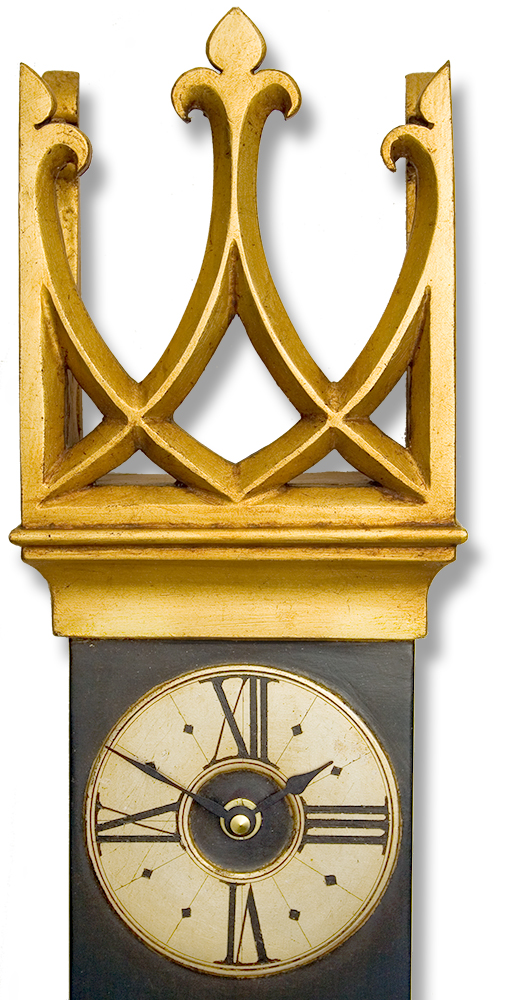 Gothic Wall Clock with crown pediment in black and gold. .Gothic Wall Clock with crown pediment in black and gold.