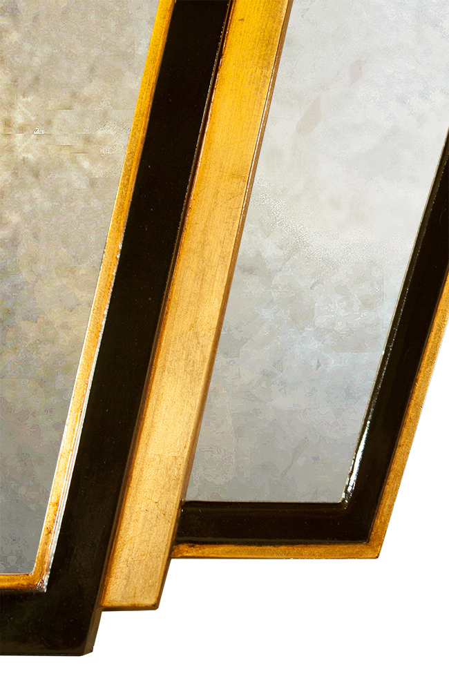 large-deco-wall-mirror-tripych-bottom-copy bottom detail of mirror with gilded gold finish and an art deco wall shape.