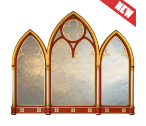 large gothic mirror, showing triptych mirror with black frame and lancet arch design.