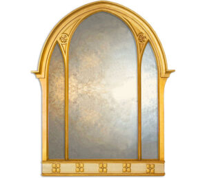 Large three panel overmantle mirror in gold & silver leaf.