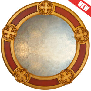 Pugin inspired round gothic mirror in red & gold leaf
