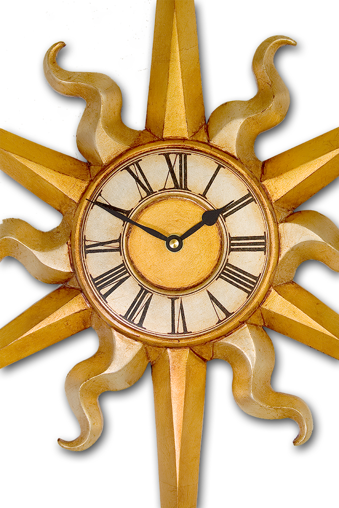 Large Sun shaped Gothic Wall Clock in gold and silver leaf. Large Sun shaped Gothic Wall Clock in gold and silver leaf.