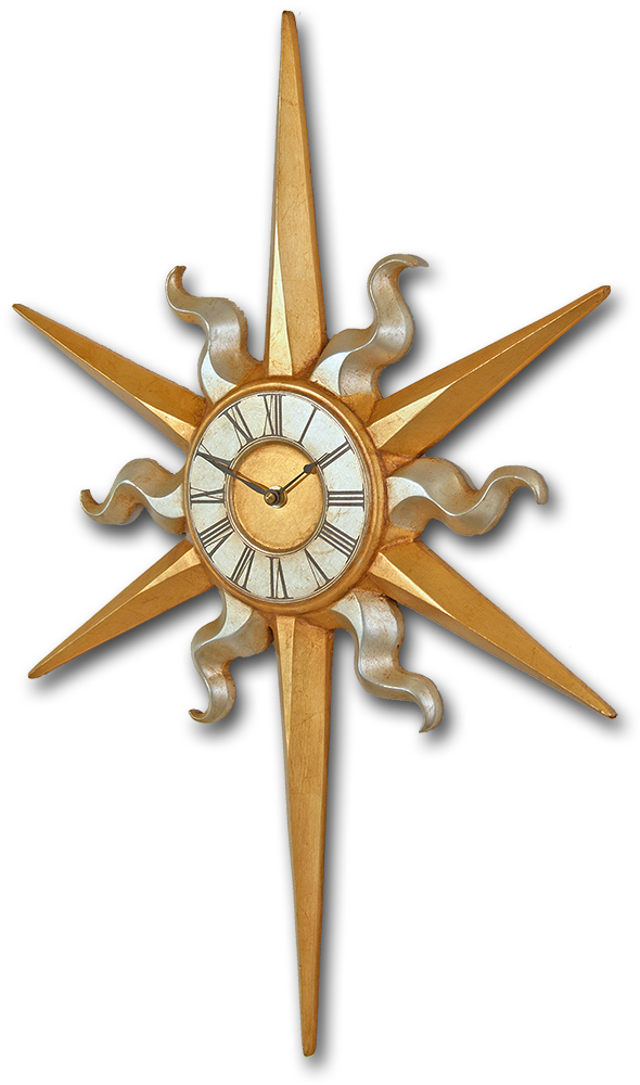 Large Sun shaped Gothic Wall Clock in gold and silver leaf. Large Sun shaped Gothic Wall Clock in gold and silver leaf.