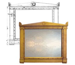 neoclassical mirror design, with black frame and classical design.