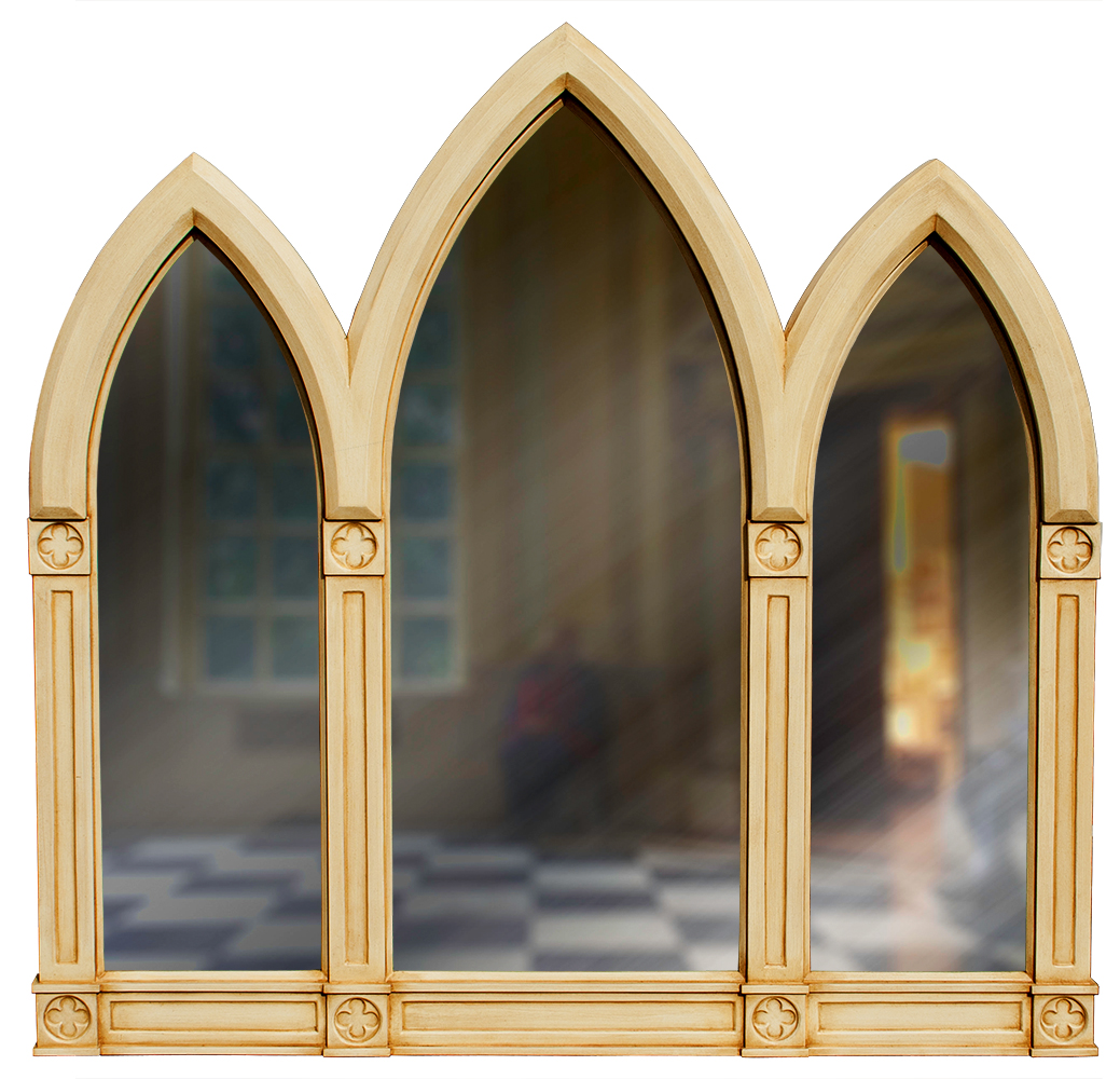 Large Gothic Mirror with ornate triptych arches. mirror with gilded gold frame and an ornate arched gothic triptych shape.