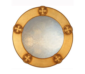 quatrefoil round mirror, with black frame.