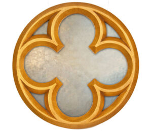 Quatrefoil shaped large round decorative mirror in red and gold leaf.