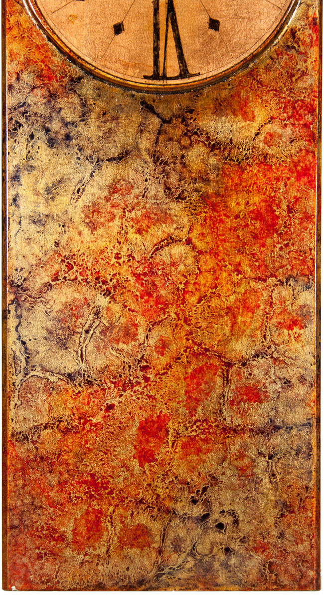 red-mantle-clock-marbled-blue-copper-d-copy wooden case mantle clock with white dial and black numerals, with red frame and marbled blue copper border.