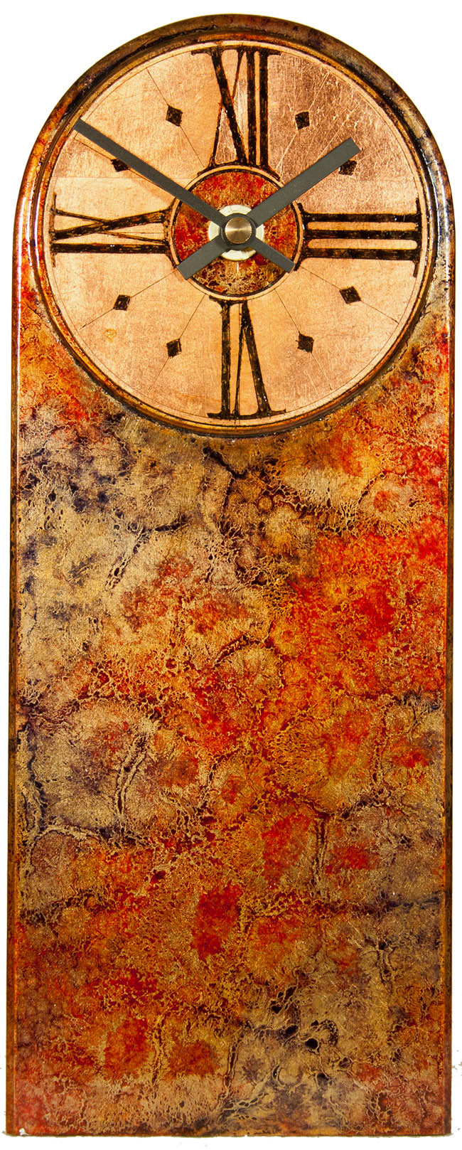 red-mantle-clock-marbled-blue-copper--f-copy wooden case mantle clock with white dial and black numerals, with red frame and marbled blue copper border.