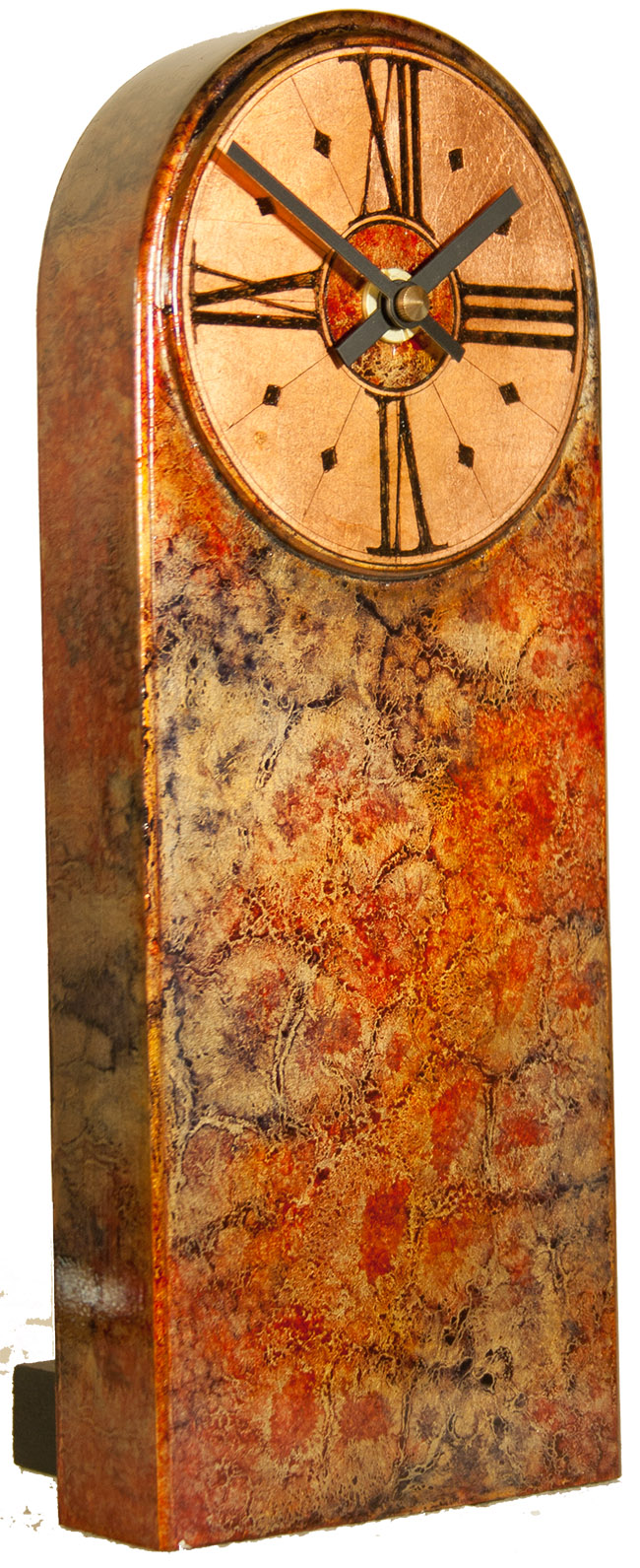 red-mantle-clock-marbled-blue-copper-s-copy wooden case mantle clock with white dial and black numerals, with red frame and marbled blue copper border.