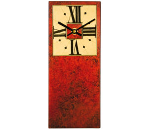 Red mantel clock with black marbling & square dial.