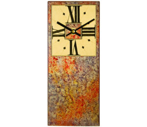 Red mantel clock with black marbling & square dial.