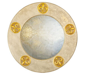 Large round decorative mirror with silver fleu de lys roundels.