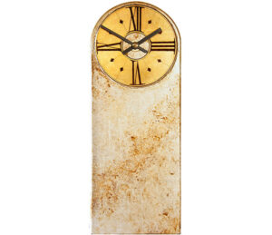 Marbled silver mantel clock with round dial.