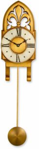 Small Gothic Pendulum Clock with fleur de li pediment in gold & silver.
