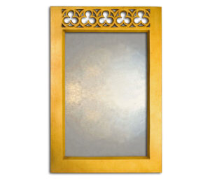 trefoil mirror, with black frame and trefoil design.