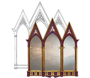 triptych overmantle design, with black frame and three panels.