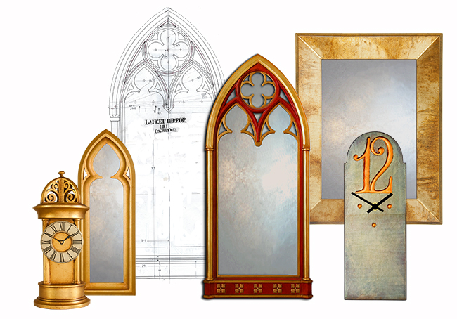 catalogue shot of new artefacts, showing various clocks and mirrors with different shapes, sizes, and designs.