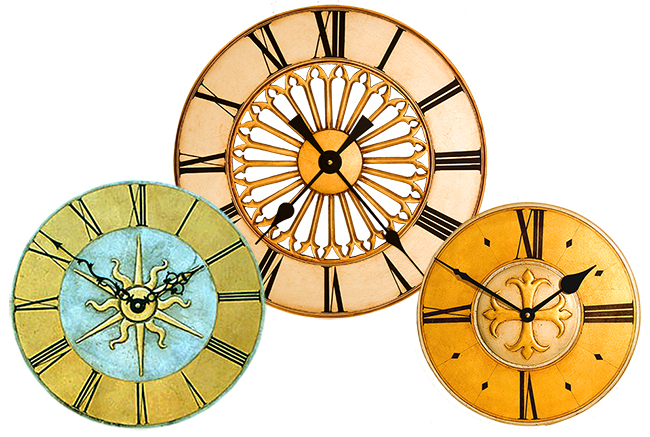 round clock with round dial and four different finishes, withblack frame and white dial with black numbers and hands.