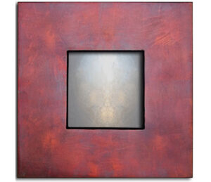 flat profile mirror in burgundy and blue, showing rectangular mirror with burgundy frame and blue border.