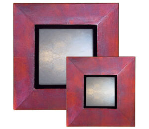 burgundy and blue reverse profile mirror, showing rectangular mirror with burgundy and blue frame.