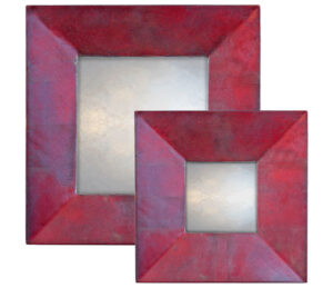 burgundy and blue swept mirror, showing rectangular mirror with burgundy and blue frame.