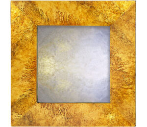 marbled gold swept mirror, showing round mirror with gold frame and marbled pattern.