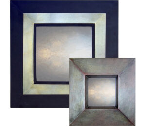 metallic blue reverse profile mirror, showing rectangular mirror with blue frame and metallic finish,.